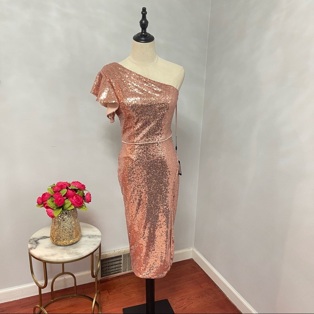 # Mac Duggal Rose Gold Sequins One Shoulder Ruffle Mini Dress / Gown New W/ Tag - Picture 1 of 17